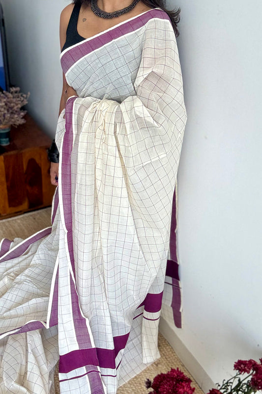 Ivory and purple checks, kerala cotton - YCON25KCPC70