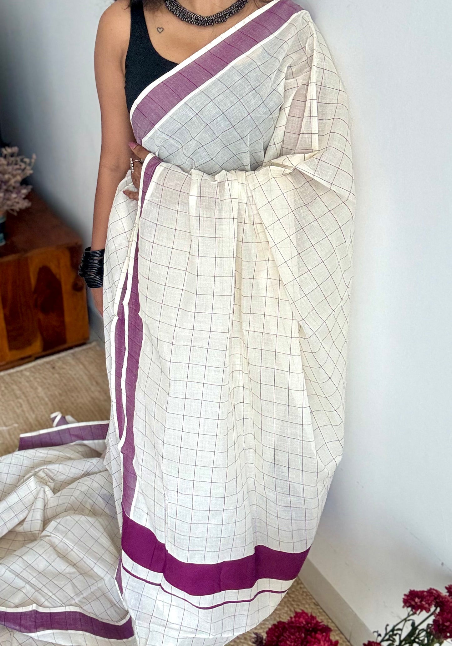 Ivory and purple checks, kerala cotton - YCON25KCPC70