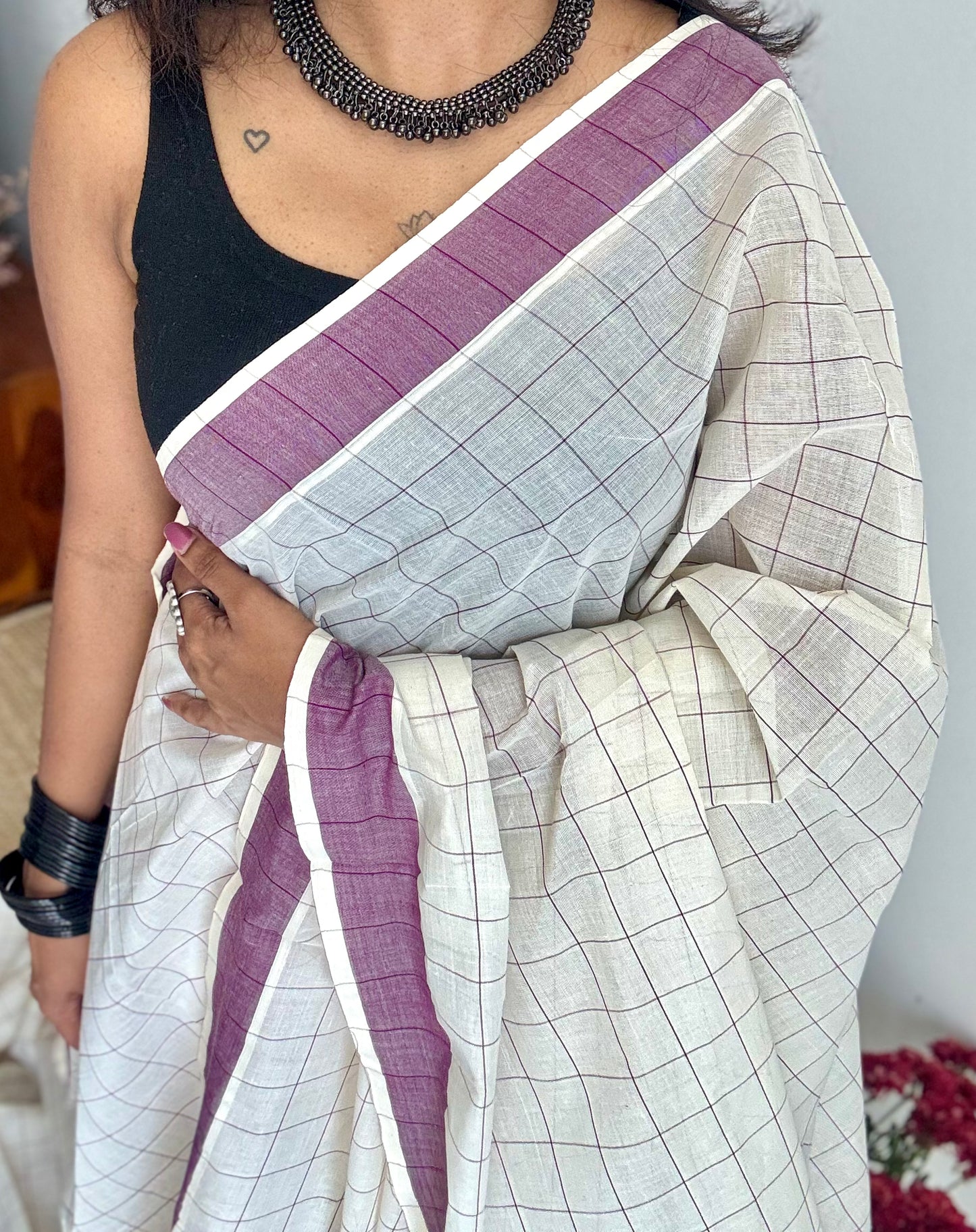 Ivory and purple checks, kerala cotton - YCON25KCPC70