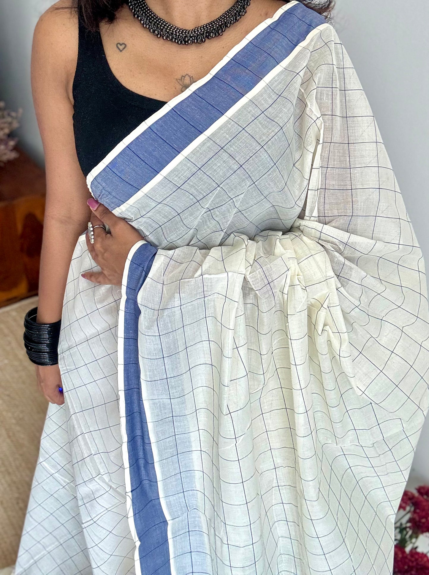 Ivory and blue checks, kerala cotton - YCON25KCPC69