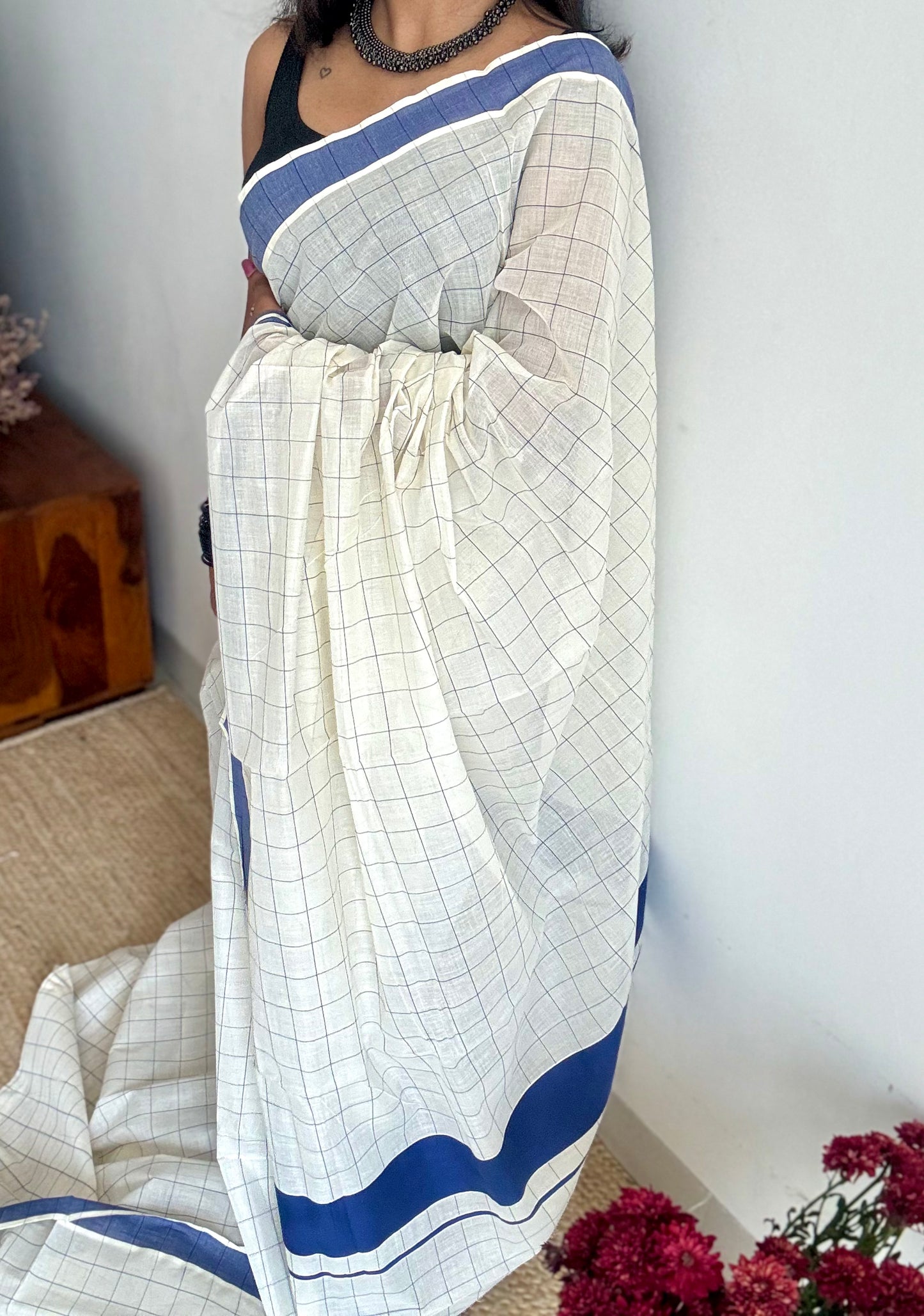 Ivory and blue checks, kerala cotton - YCON25KCPC69