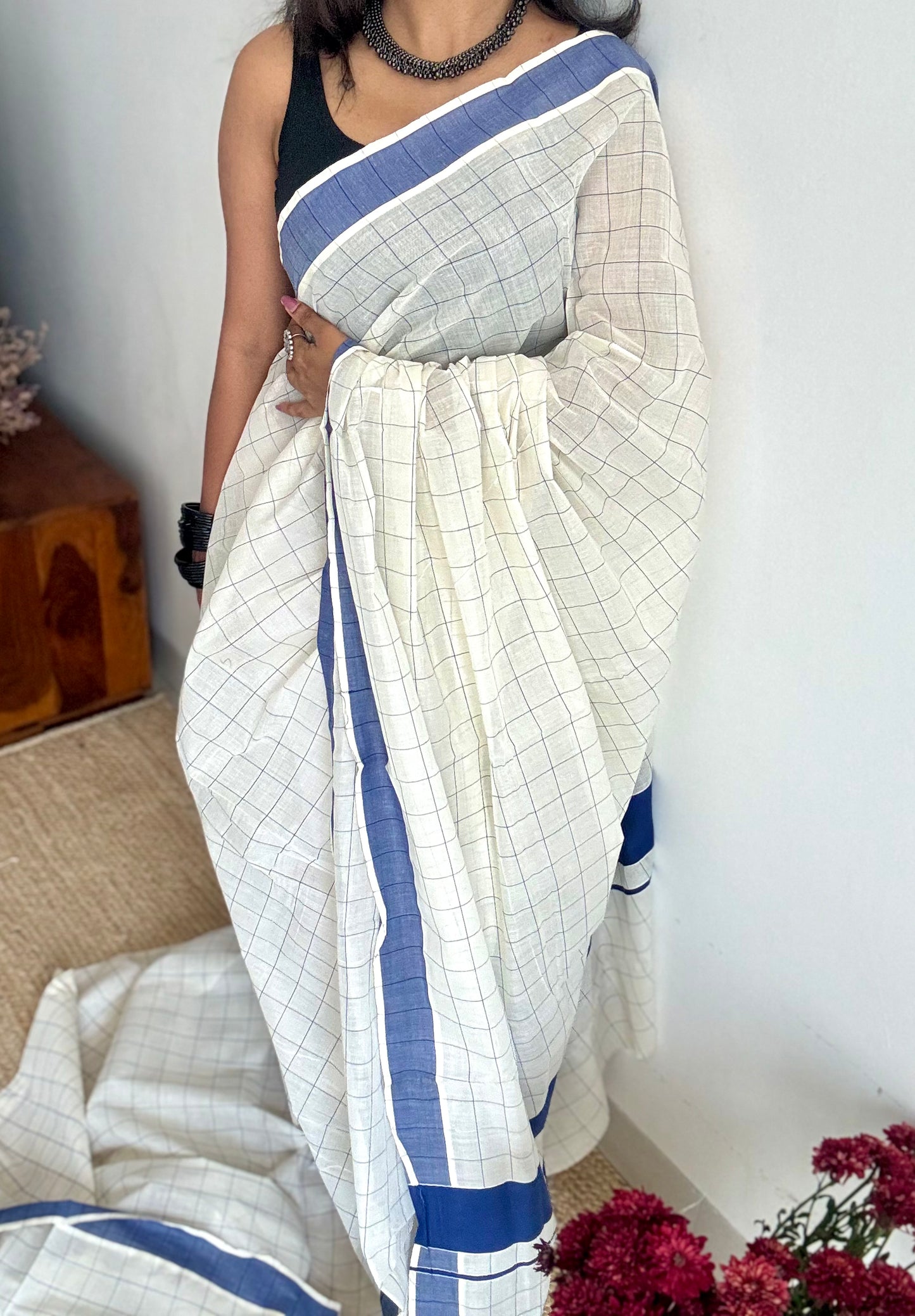 Ivory and blue checks, kerala cotton - YCON25KCPC69
