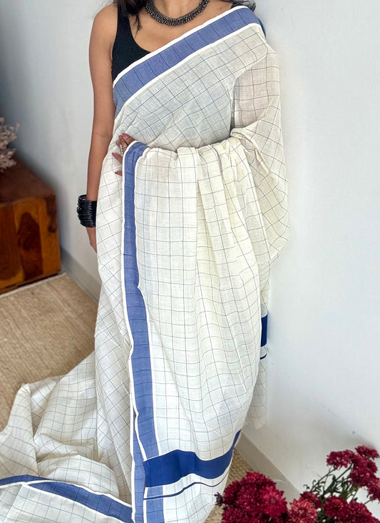 Ivory and blue checks, kerala cotton - YCON25KCPC69