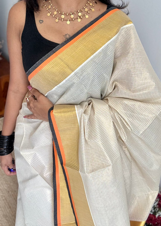 Ivory with gold checks, highlighted by black and orange border, kerala tissue cotton - YCON25KCCK80