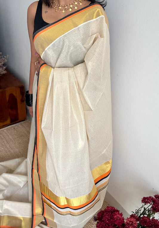 Ivory with gold checks, highlighted by black and orange border, kerala tissue cotton - YCON25KCCK80