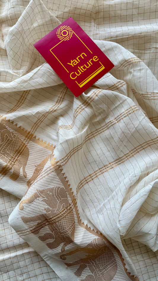 Gaja Rekha - small kattam checks,elephant motif, ivory & gold, soft cotton - YCON25COTN102