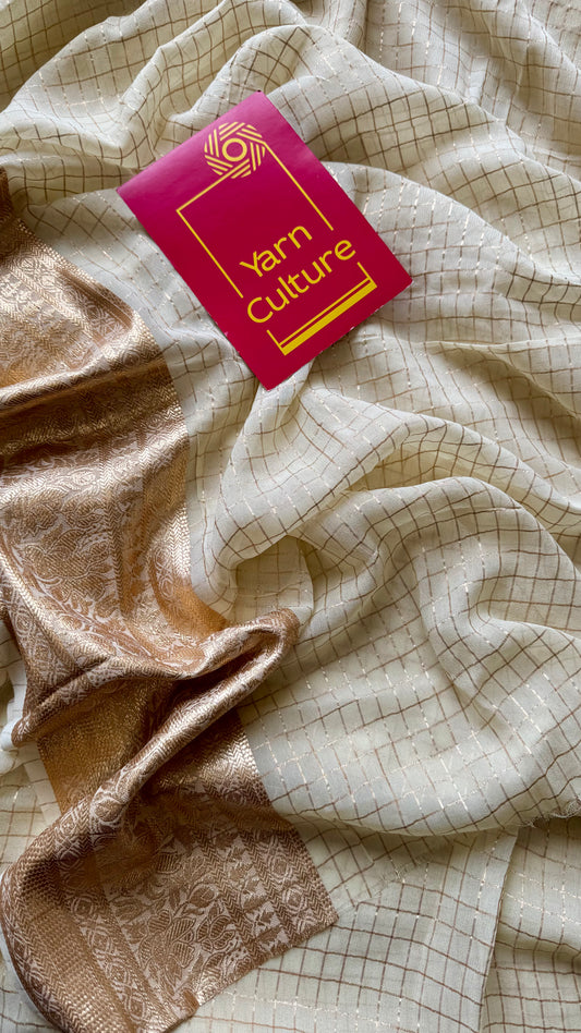 Cream & gold viscose silk checks - with contrast red blouse - YCON25DOS01