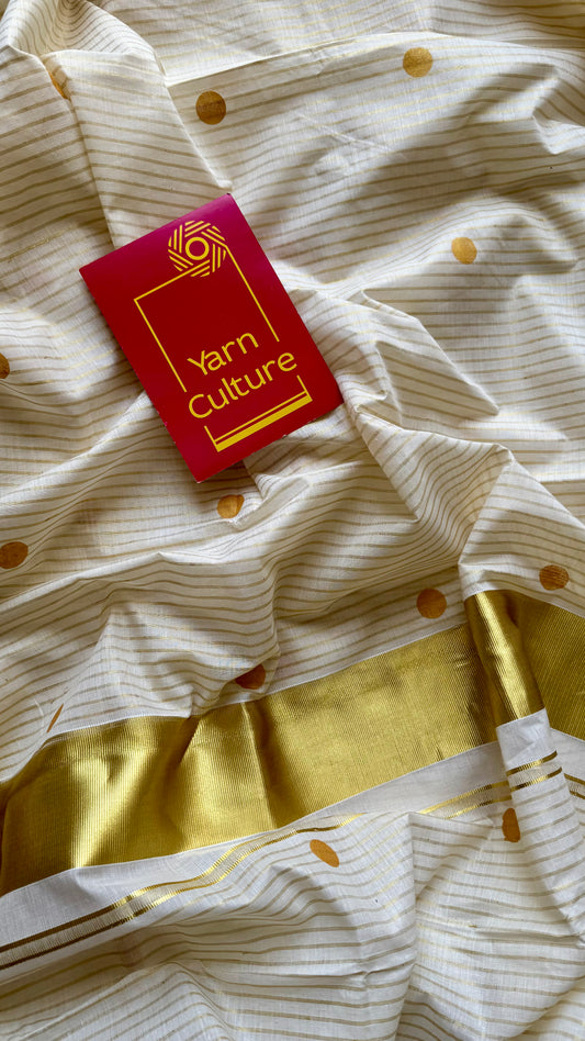 Ivory and gold with polka buttas, striped zari, kerala cotton - YCON25KCSPD77