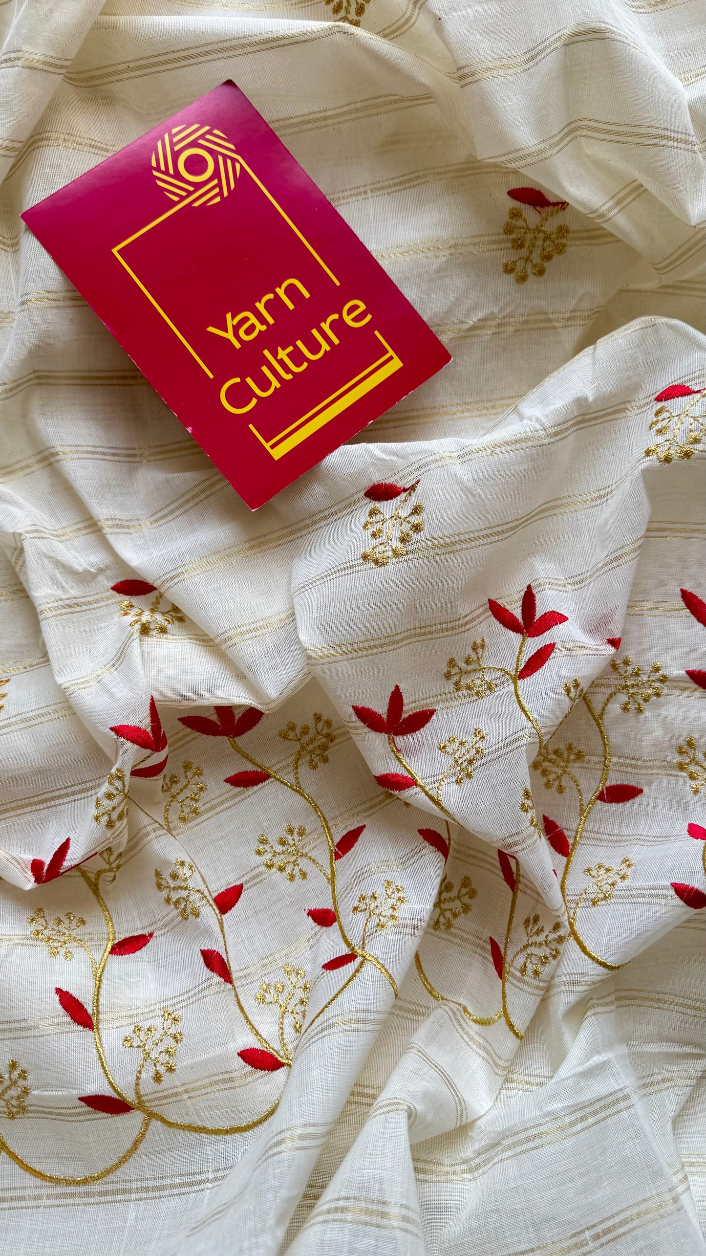 Ivory and gold with red small flower embroidery, striped zari, kerala cotton - YCON25KCSFE74