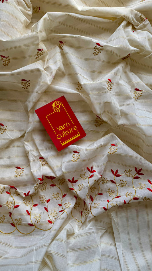 Ivory and gold with red small flower embroidery, striped zari, kerala cotton - YCON25KCSFE74