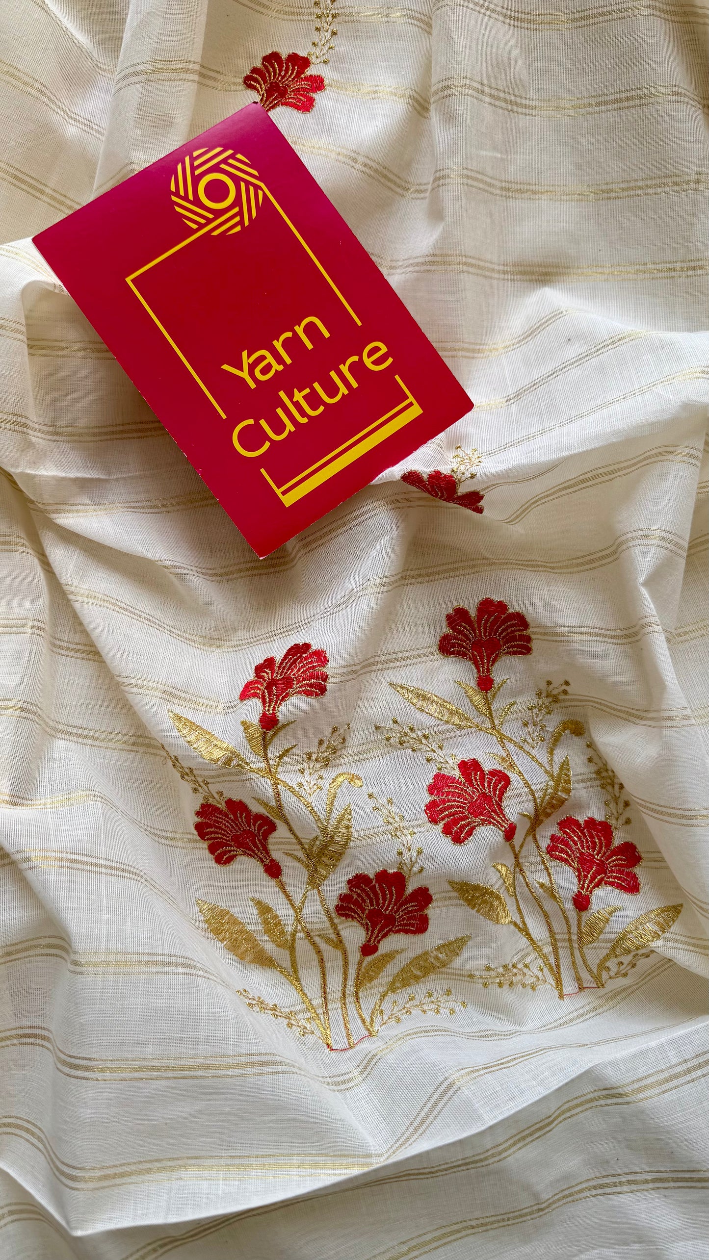 Ivory and gold with red flower embroidery, striped zari, kerala cotton - YCON25KCSFE262