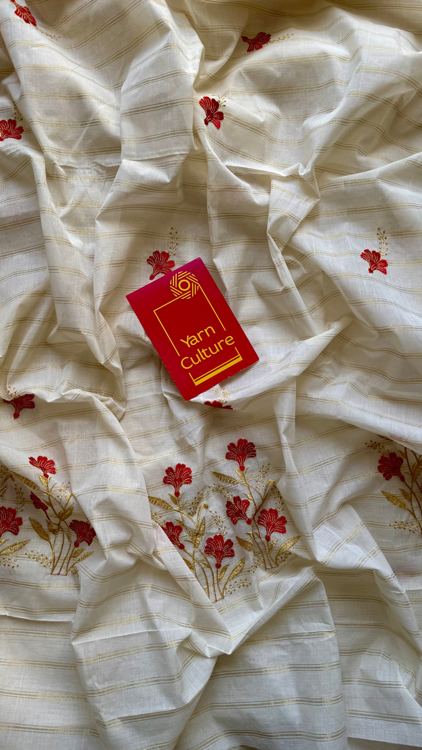Ivory and gold with red flower embroidery, striped zari, kerala cotton - YCON25KCSFE262