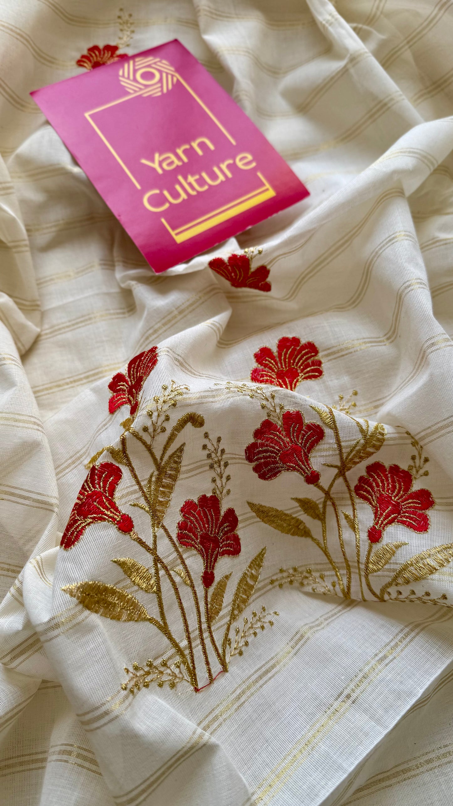 Ivory and gold with red flower embroidery, striped zari, kerala cotton - YCON25KCSFE262