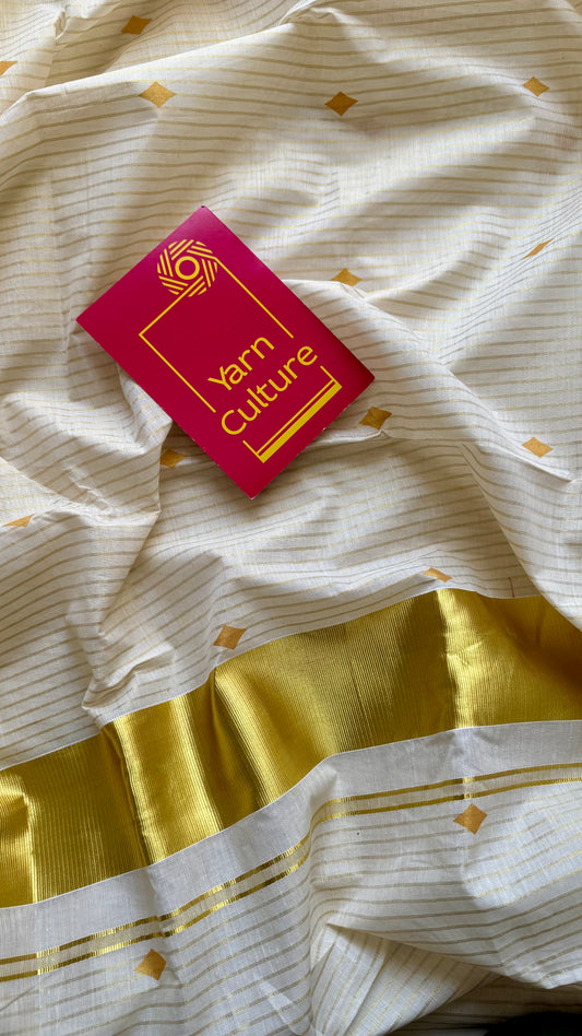 Ivory and gold with buttas, striped zari, kerala tissue cotton - YCON25KCS76