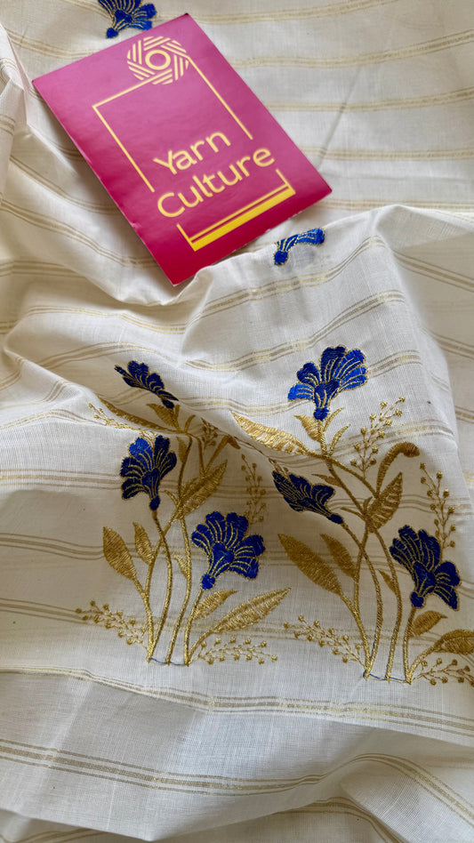 Ivory and gold with blue flower embroidery, striped zari, kerala cotton - YCON25KCSFE73