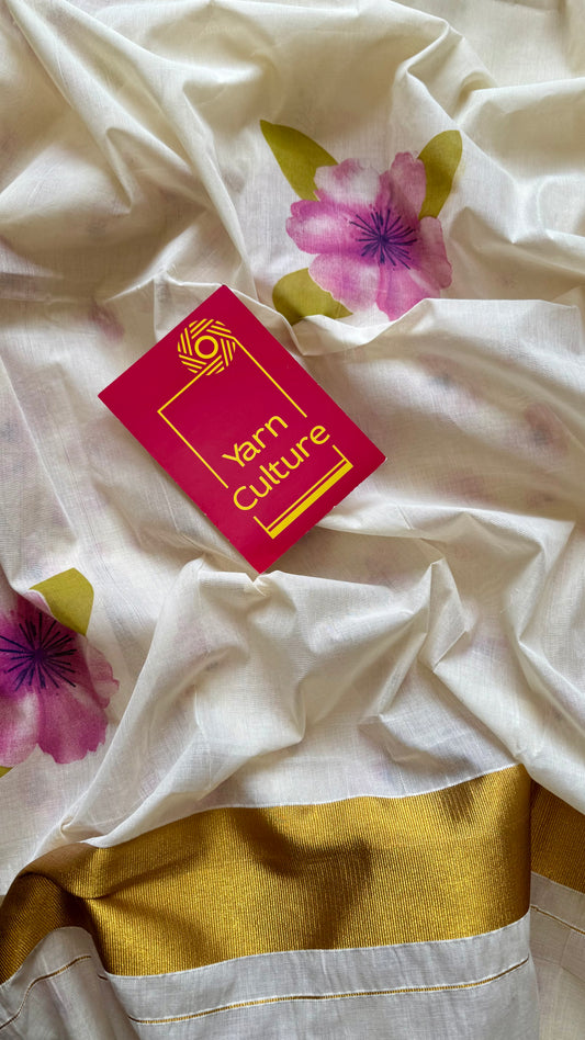 Deepa : Ivory and gold, with purple hibiscus flowers, Kerala cotton - YCONKCE131