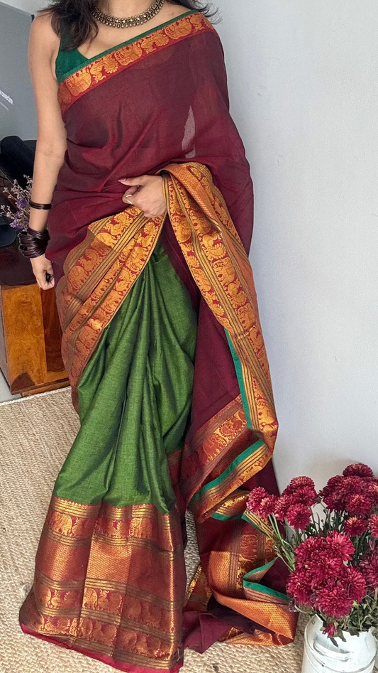 Maroon - Green Narayanpet half saree (dhavani), unstitched material, soft cotton - YCAHSN09
