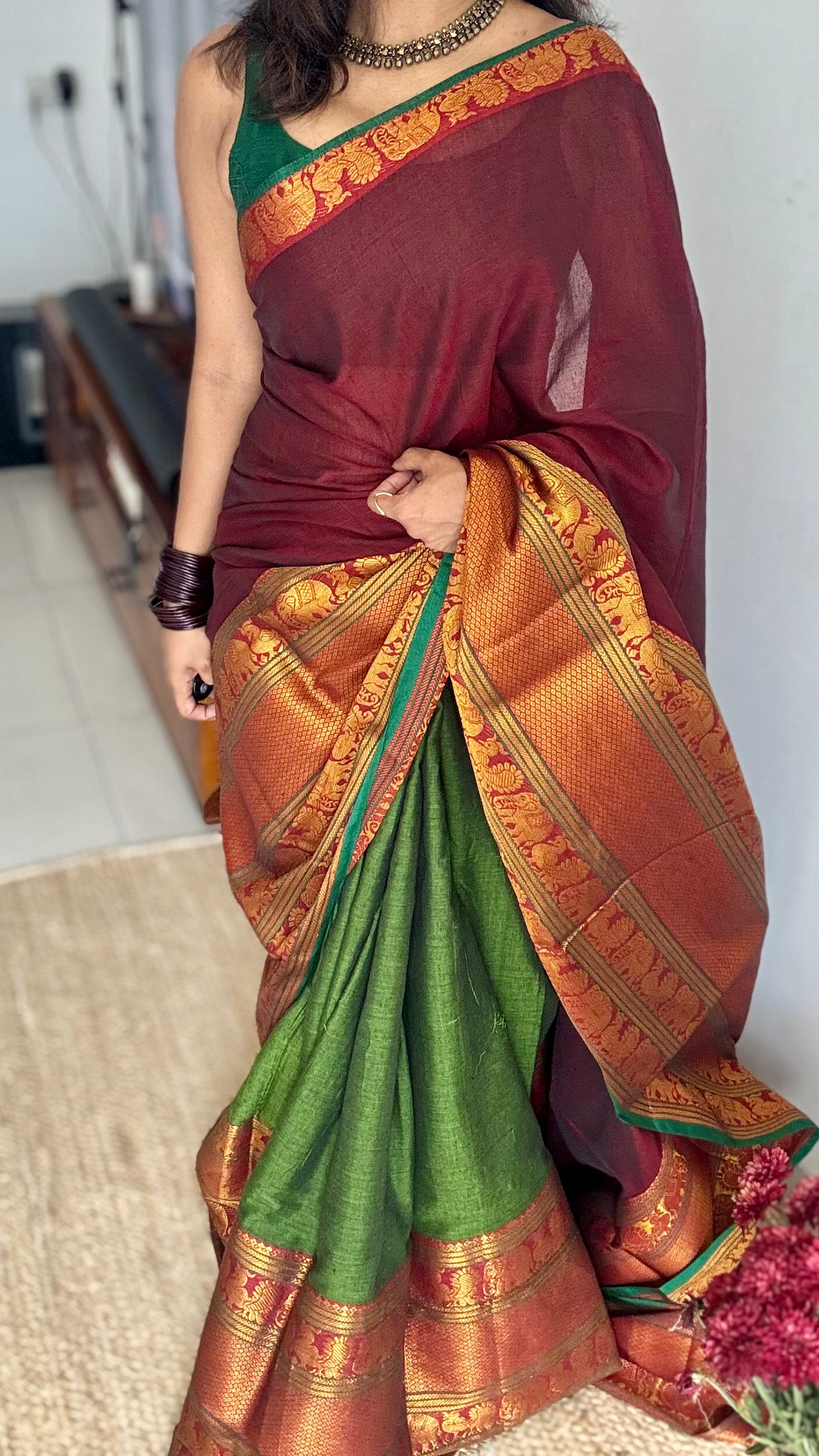 Maroon - Green Narayanpet half saree (dhavani), unstitched material, soft cotton - YCAHSN09