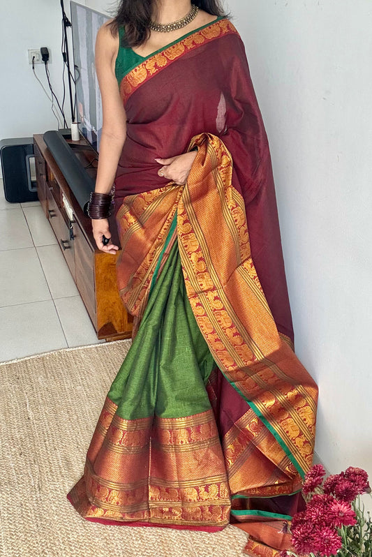 Maroon - Green Narayanpet half saree (dhavani), unstitched material, soft cotton - YCAHSN09