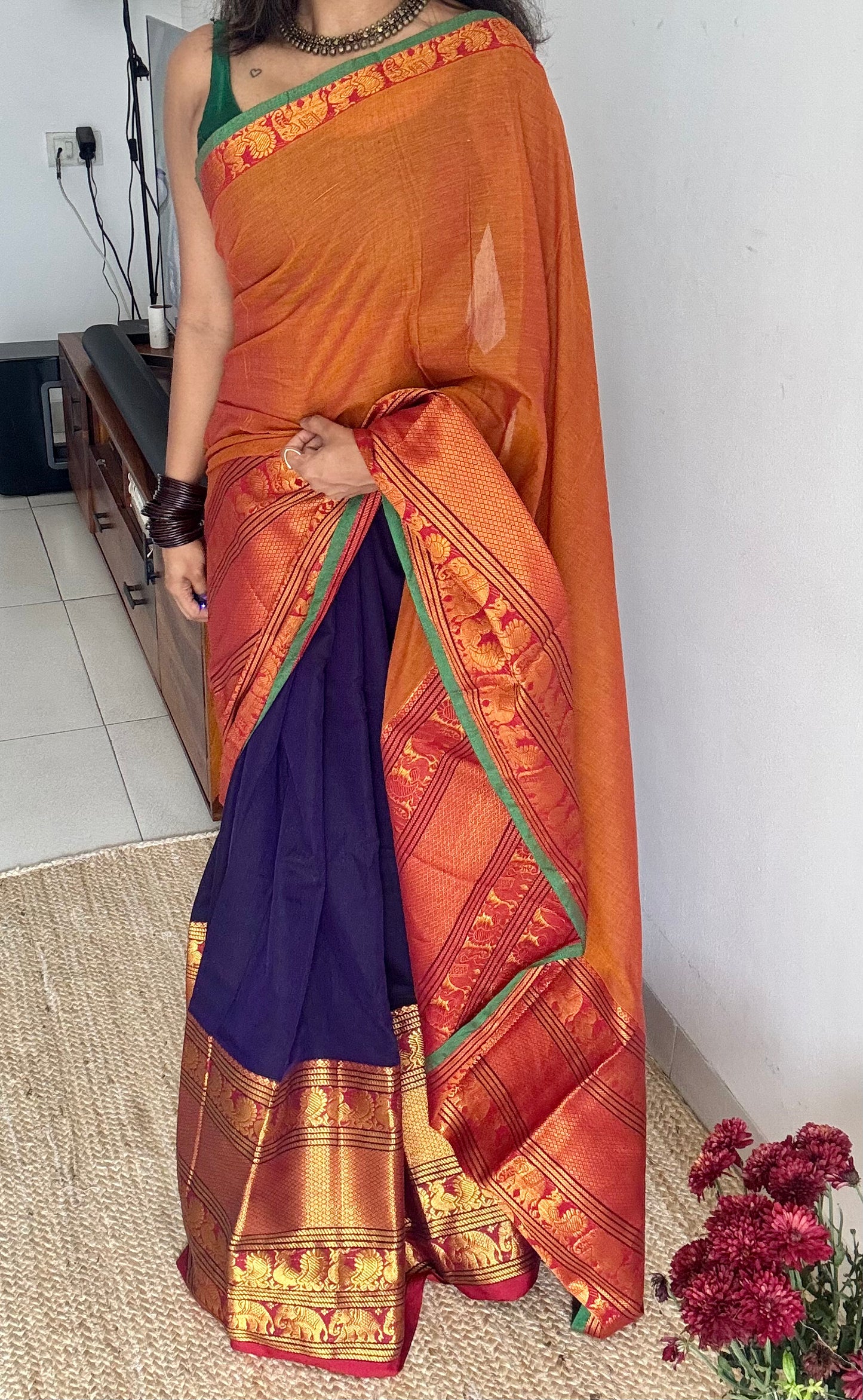 Orange - Violet Narayanpet half saree (dhavani), unstitched material, soft cotton - YCAHSN08
