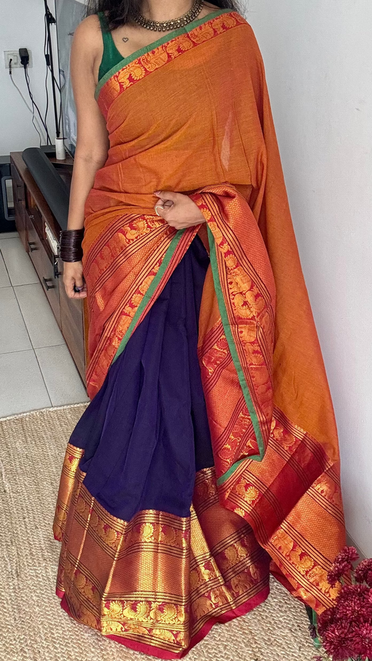 Orange - Violet Narayanpet half saree (dhavani), unstitched material, soft cotton - YCAHSN08