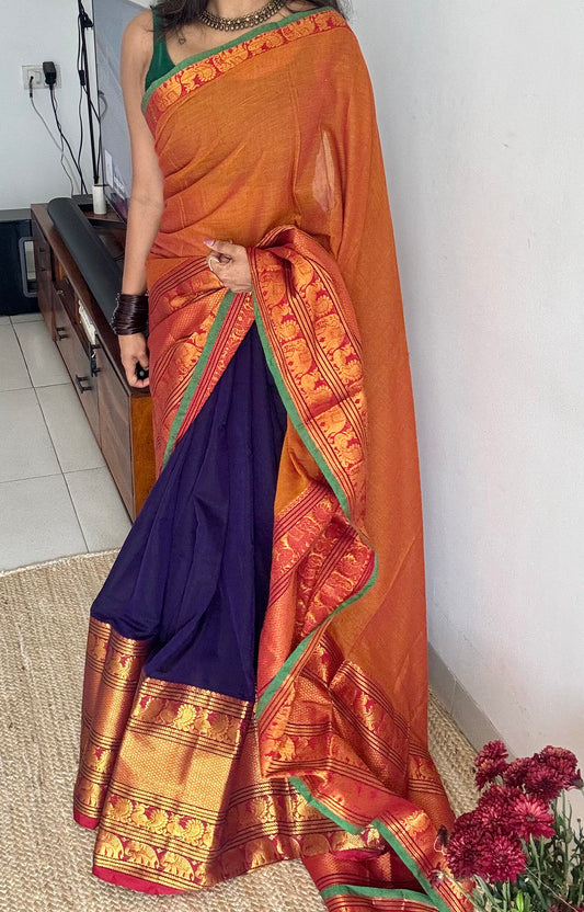 Orange - Violet Narayanpet half saree (dhavani), unstitched material, soft cotton - YCAHSN08