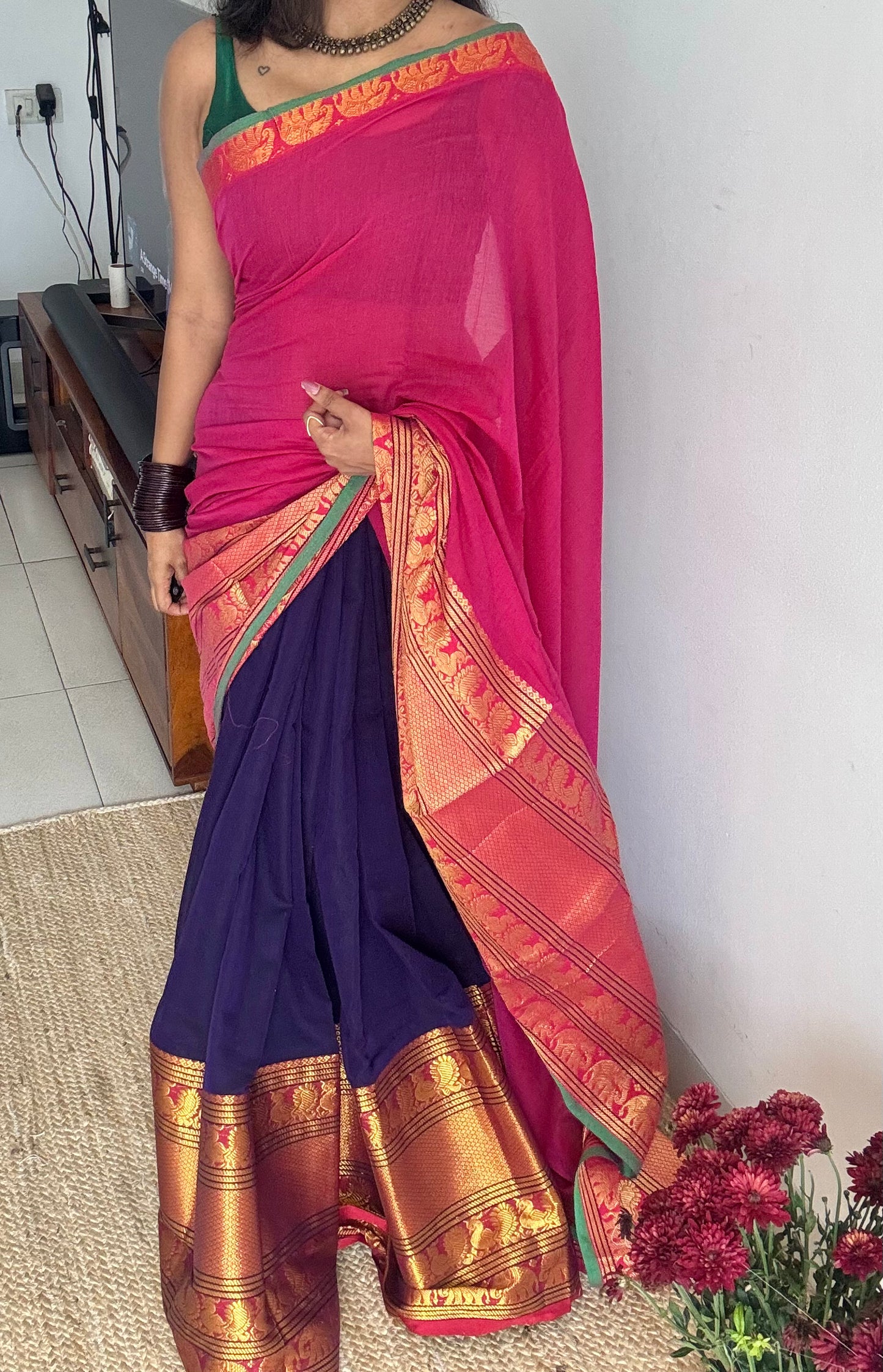 Hot Pink - Violet half saree (dhavani), unstitched material, soft cotton - YCAHSN10