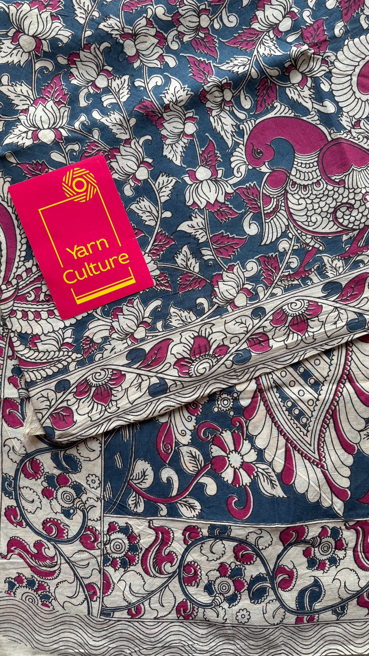 Peacock blue kalamkari, cream floral vines, soft cotton YCWOTDK09