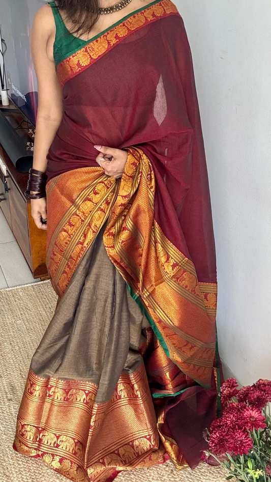 Maroon - Grey (dhavani), unstitched material, soft cotton - YCAHSN11