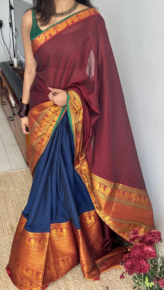 Dark Blue - Maroon Narayanpet half saree (dhavani), unstitched material, soft cotton - YCAHSN07