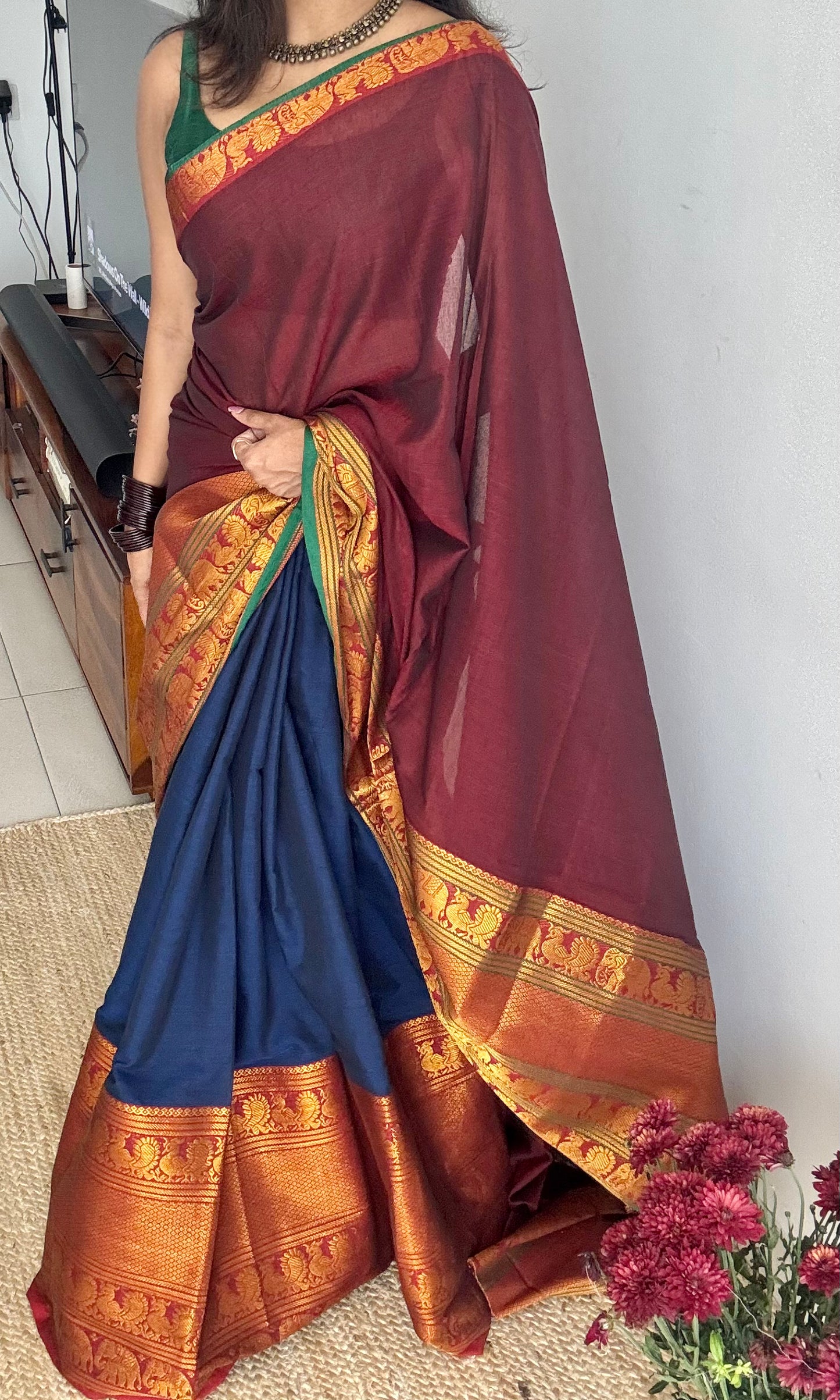 Dark Blue - Maroon Narayanpet half saree (dhavani), unstitched material, soft cotton - YCAHSN07