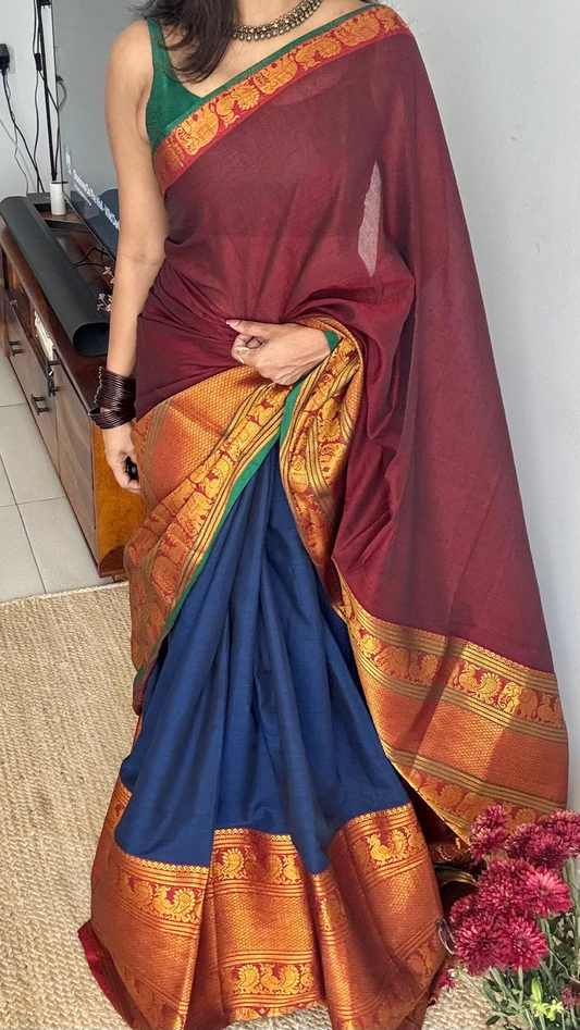 Dark Blue - Maroon Narayanpet half saree (dhavani), unstitched material, soft cotton - YCAHSN07