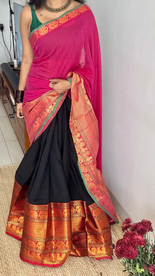 Hot pink - Black (dhavani), unstitched material, soft cotton - YCAHSN13