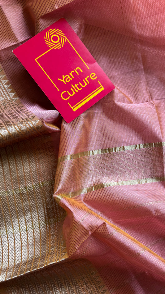 Peach pink with silver woven zari border, mangalgiri silk cotton, handwoven, soft, light weight- YCWOTDMSCM06