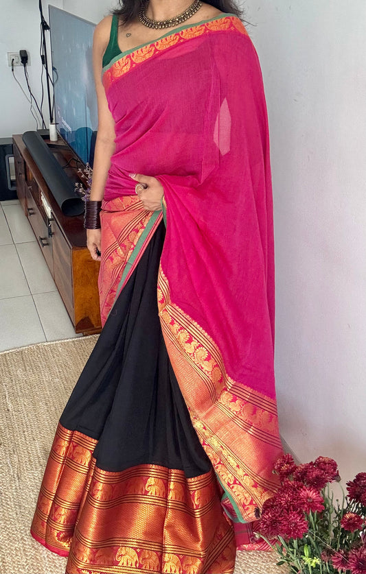Hot pink - Black (dhavani), unstitched material, soft cotton - YCAHSN13