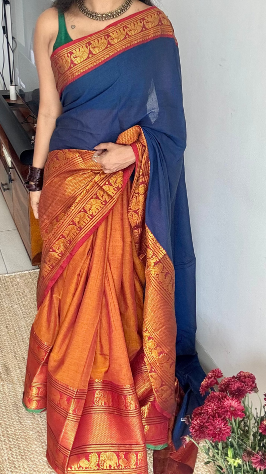 Blue - Orange (dhavani), unstitched material, soft cotton - YCAHSN15