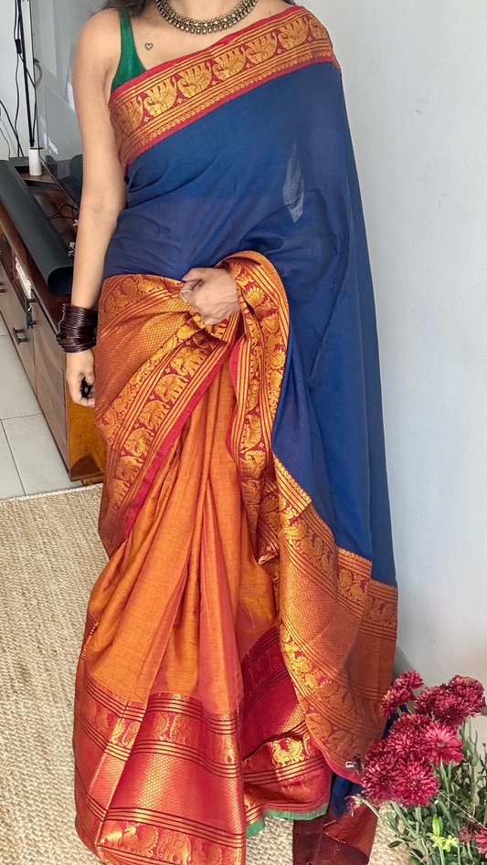 Blue - Orange (dhavani), unstitched material, soft cotton - YCAHSN15