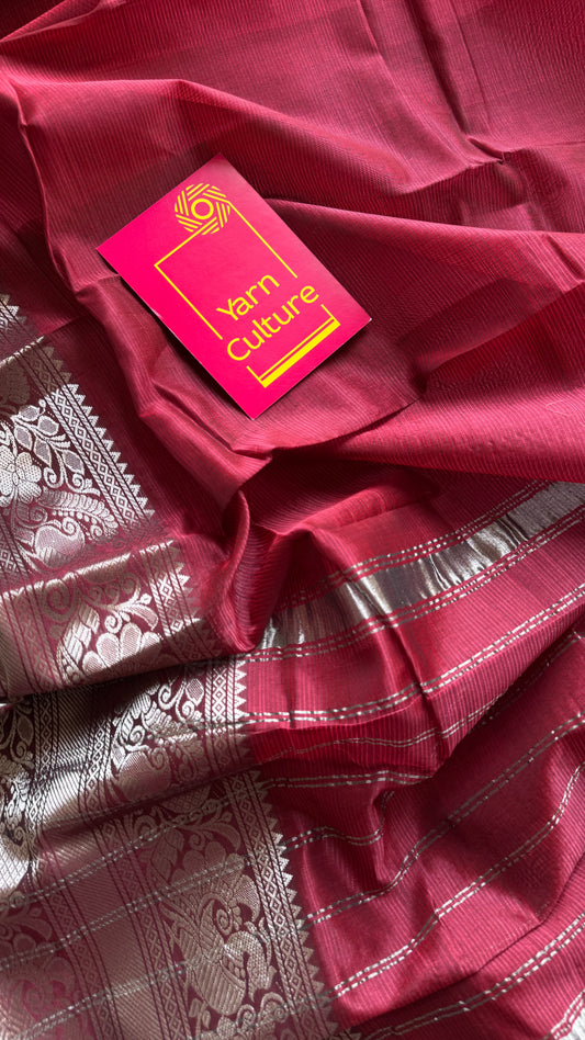 Maroon with silver peacock and floral woven zari border, mangalgiri silk cotton, handwoven, soft, light weight- YCWOTDMSCM03
