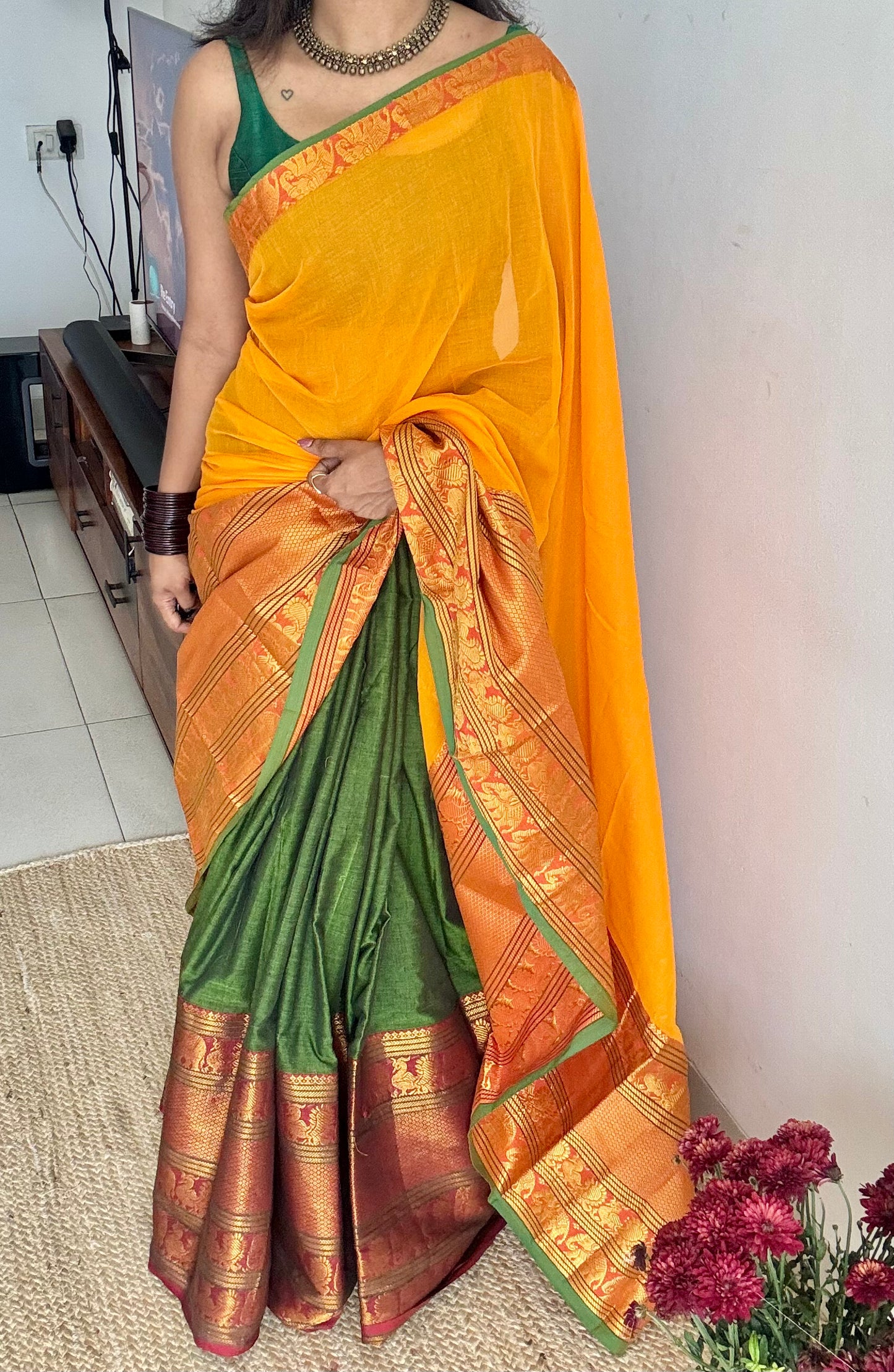 Yellow - Green (dhavani), unstitched material, soft cotton - YCAHSN16