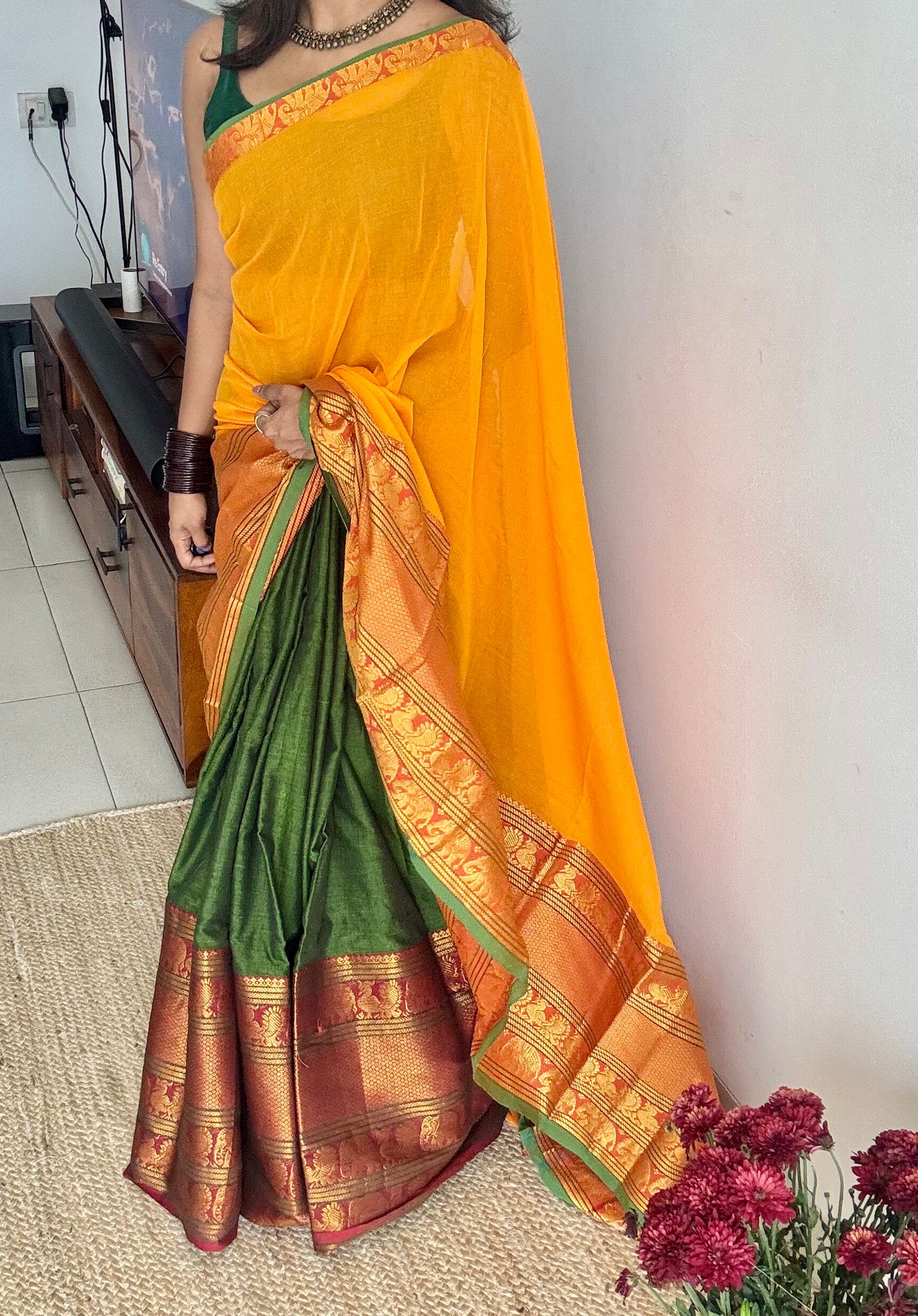 Yellow - Green (dhavani), unstitched material, soft cotton - YCAHSN16