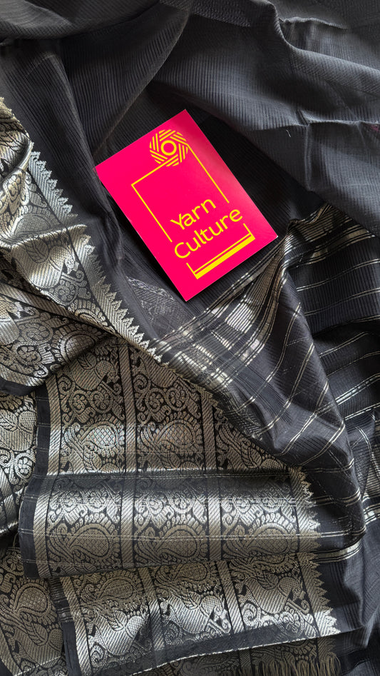 Black with silver peacock woven zari border, mangalgiri silk cotton, handwoven, soft, light weight - YCWOTDMSCM01