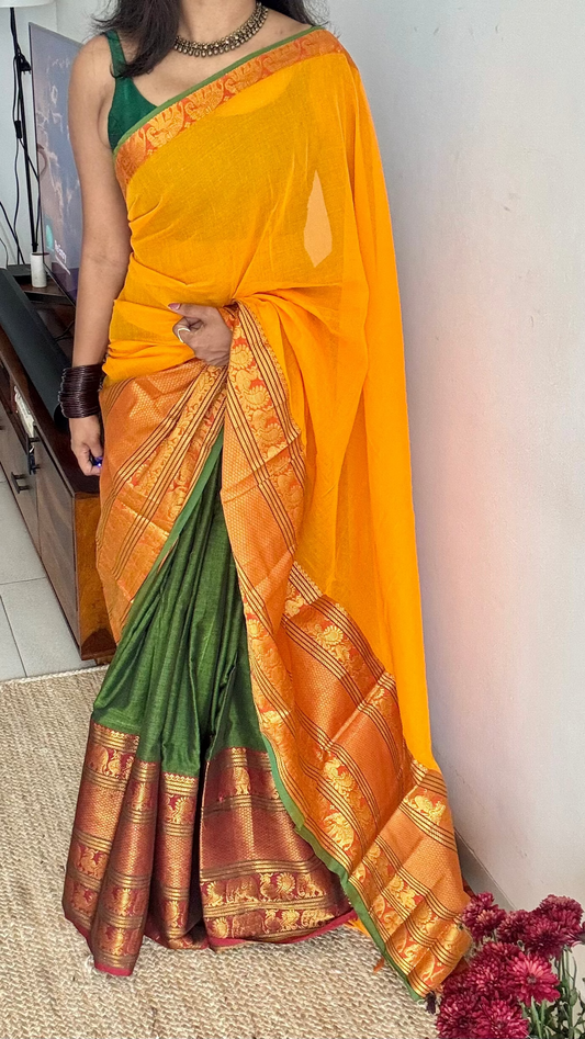 Yellow - Green (dhavani), unstitched material, soft cotton - YCAHSN16