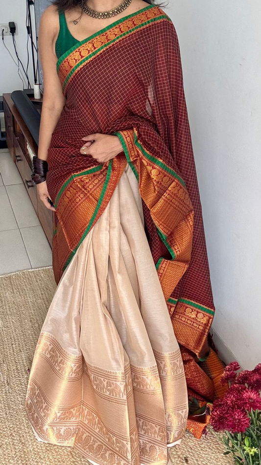 Maroon checks - Ivory gold (dhavani), unstitched material, soft cotton - YCAHSN17