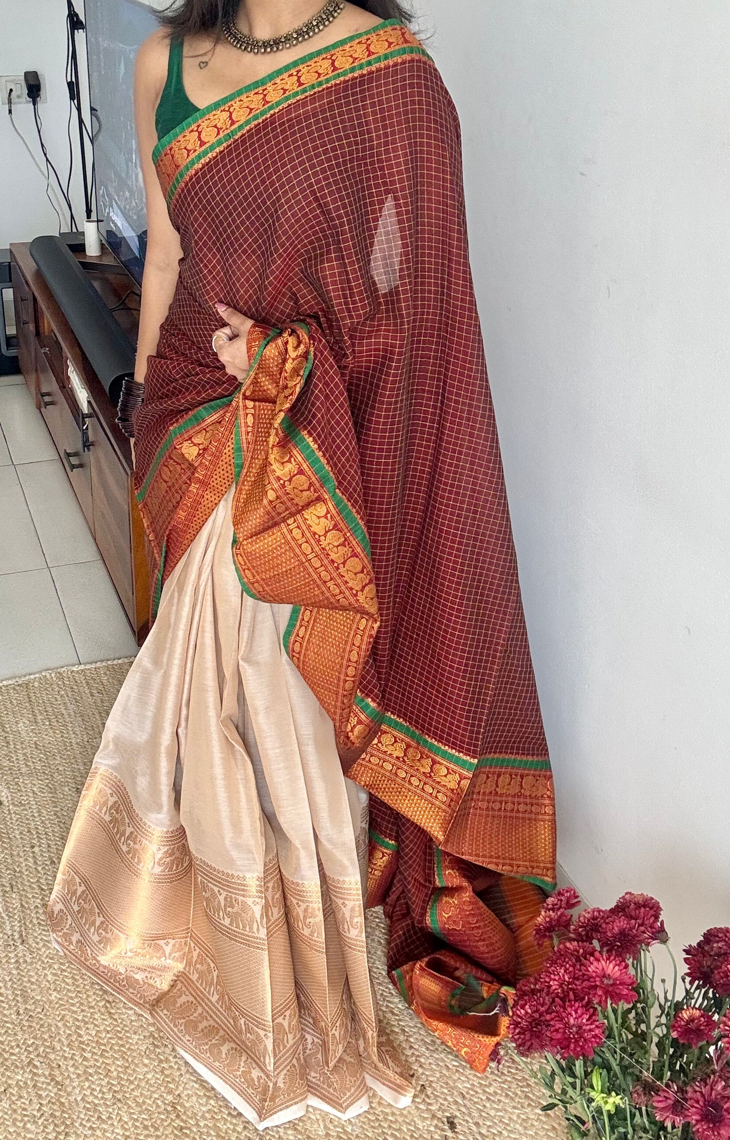 Maroon checks - Ivory gold (dhavani), unstitched material, soft cotton - YCAHSN17