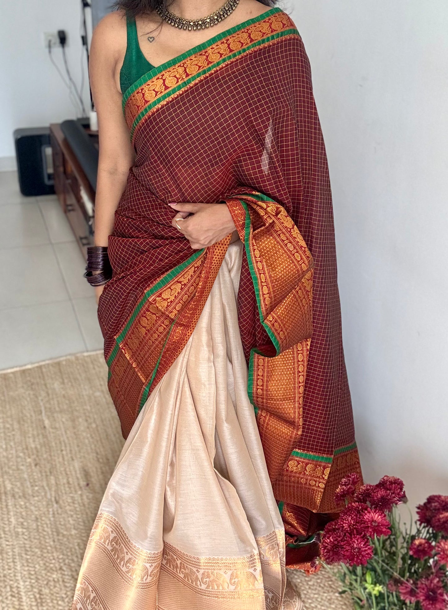 Maroon checks - Ivory gold (dhavani), unstitched material, soft cotton - YCAHSN17