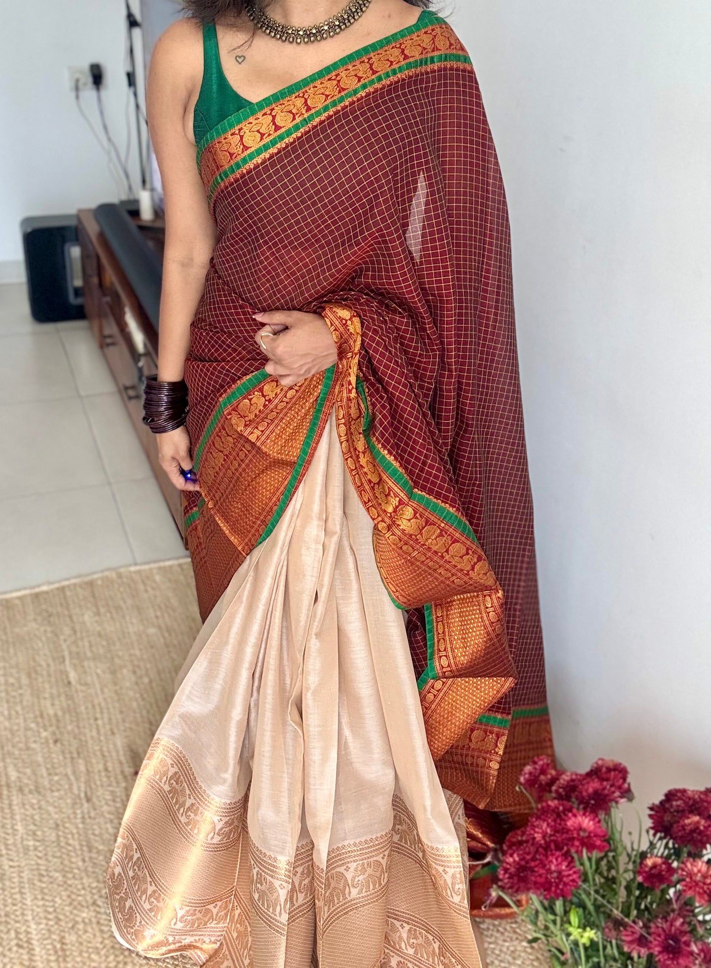 Maroon checks - Ivory gold (dhavani), unstitched material, soft cotton - YCAHSN17