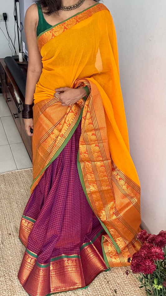 Yellow - Purple pink half saree (dhavani), unstitched material, soft cotton - YCAHSN19