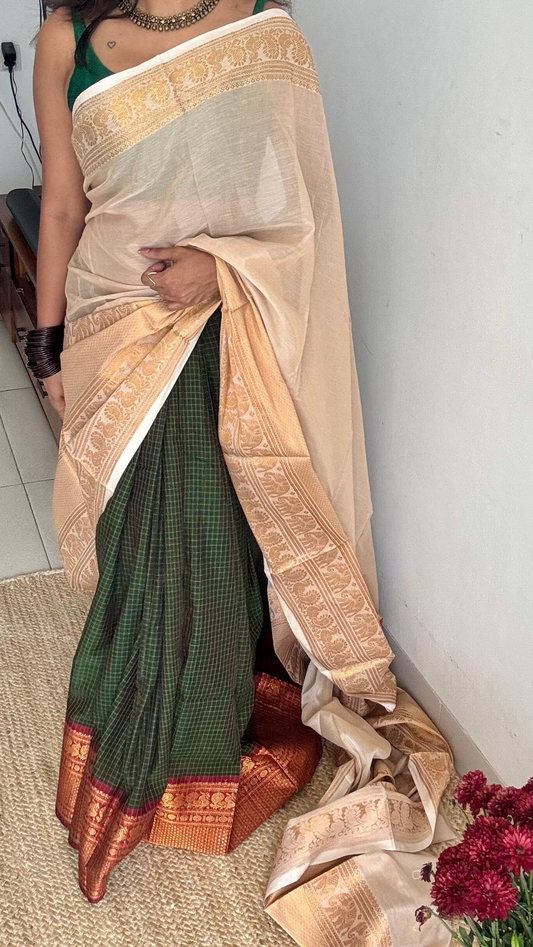 Ivory gold - Green half saree (dhavani), unstitched material, soft cotton - YCAHSN20