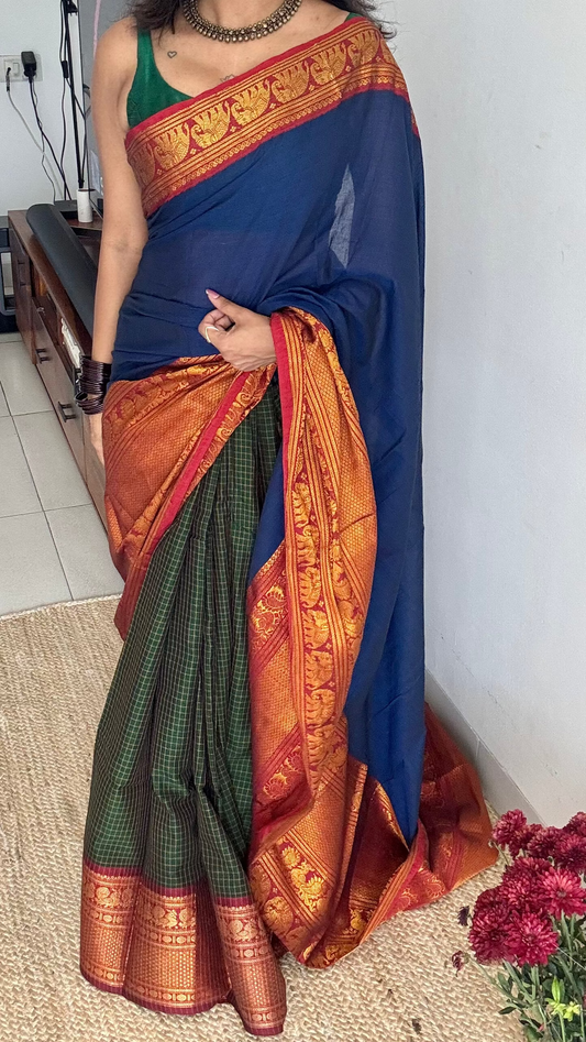 Blue - Green Checks half saree (dhavani), unstitched material, soft cotton - YCAHSN21