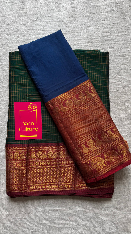 Blue - Green Checks half saree (dhavani), unstitched material, soft cotton - YCAHSN21